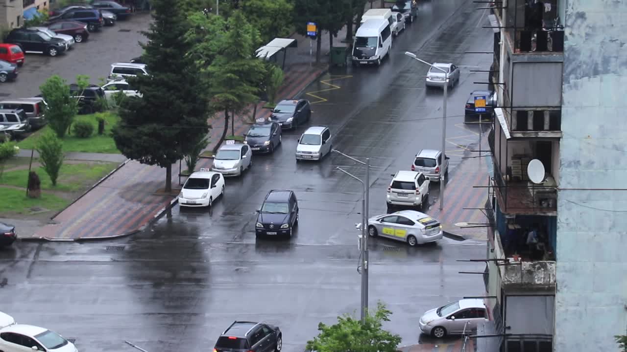 Rainy City Street Scene from Above