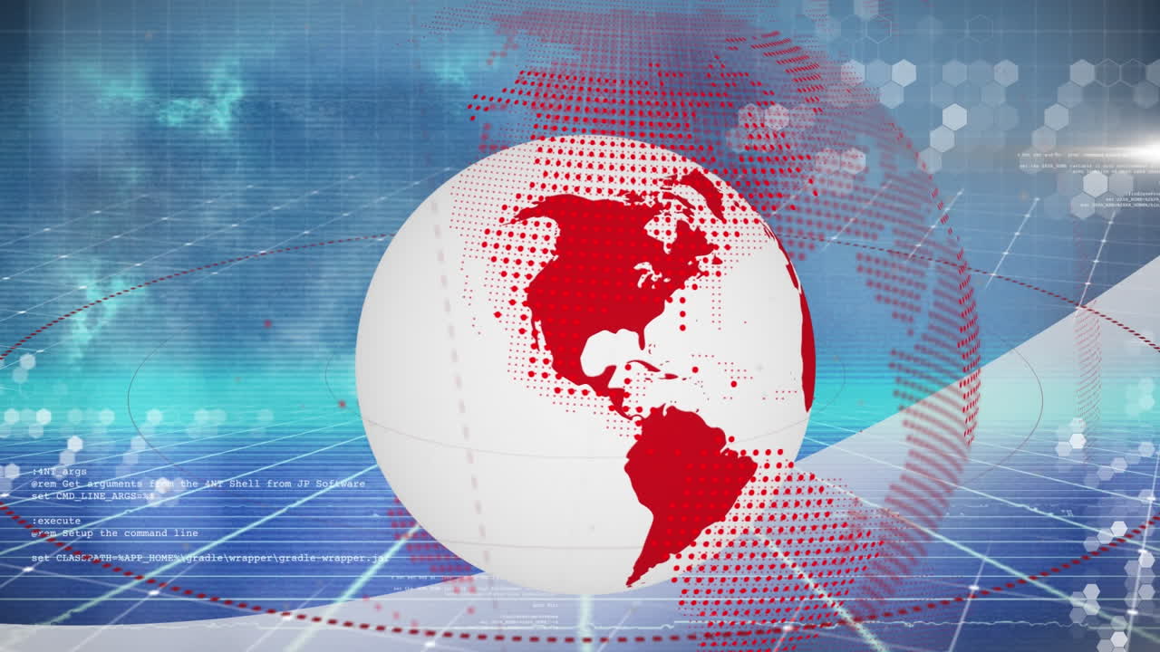 데이터 처리 및 도시 풍경의 전망에 대한 그리드 네트워크를 통해 회전하는 지구의 애니메이션