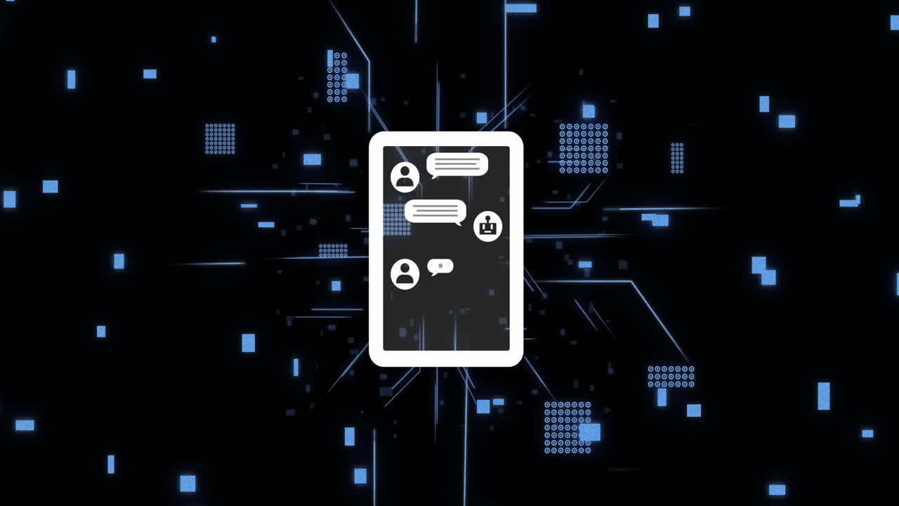 Animation of ai data processing over chat bot and computer circuit board