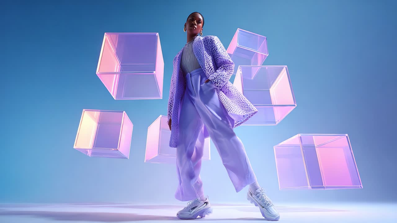 A Stunning Model in Stylish Lavender Ensemble Poses Confidently Amid Floating Geometric Boxes, Showcasing a Modern Fashion Aesthetic with a Vibrant Blue Background and an Edgy Urban Influence