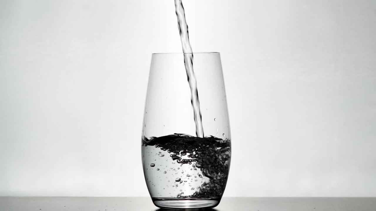 Slow‑motion close‑up of water pouring into a clear glass with bright white backlight