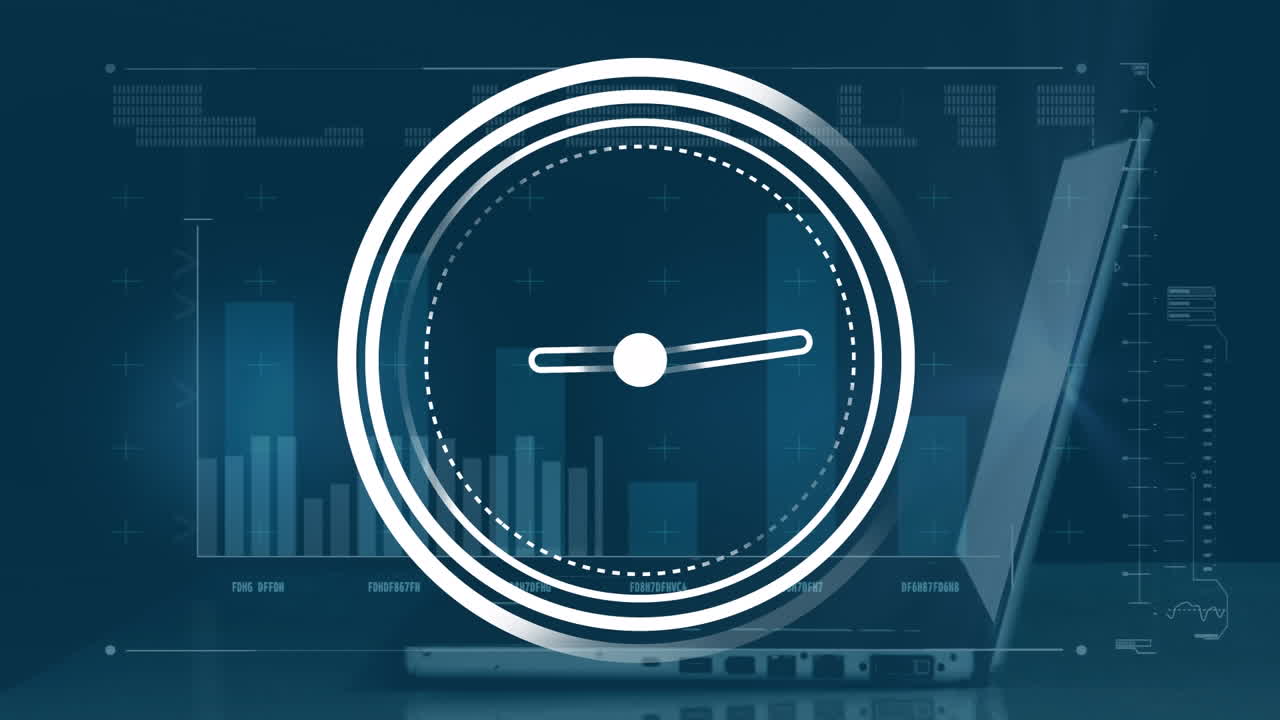 Animation of ticking clock and interface with data processing over mid section of man using a laptop