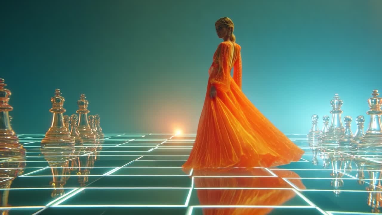 A Mesmerizing Dance of Strategy and Elegance: The Enchanting Woman in Orange Flowing Dress Amidst a Grandeur Chessboard, Capturing the Essence of Grace and Intellectual Challenge
