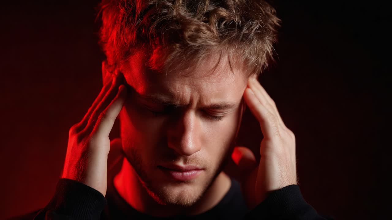 A Young Man Struggles with Intense Discomfort, Grasping His Head as Emotions Unfold Against a Dark, Dramatic Red Backdrop