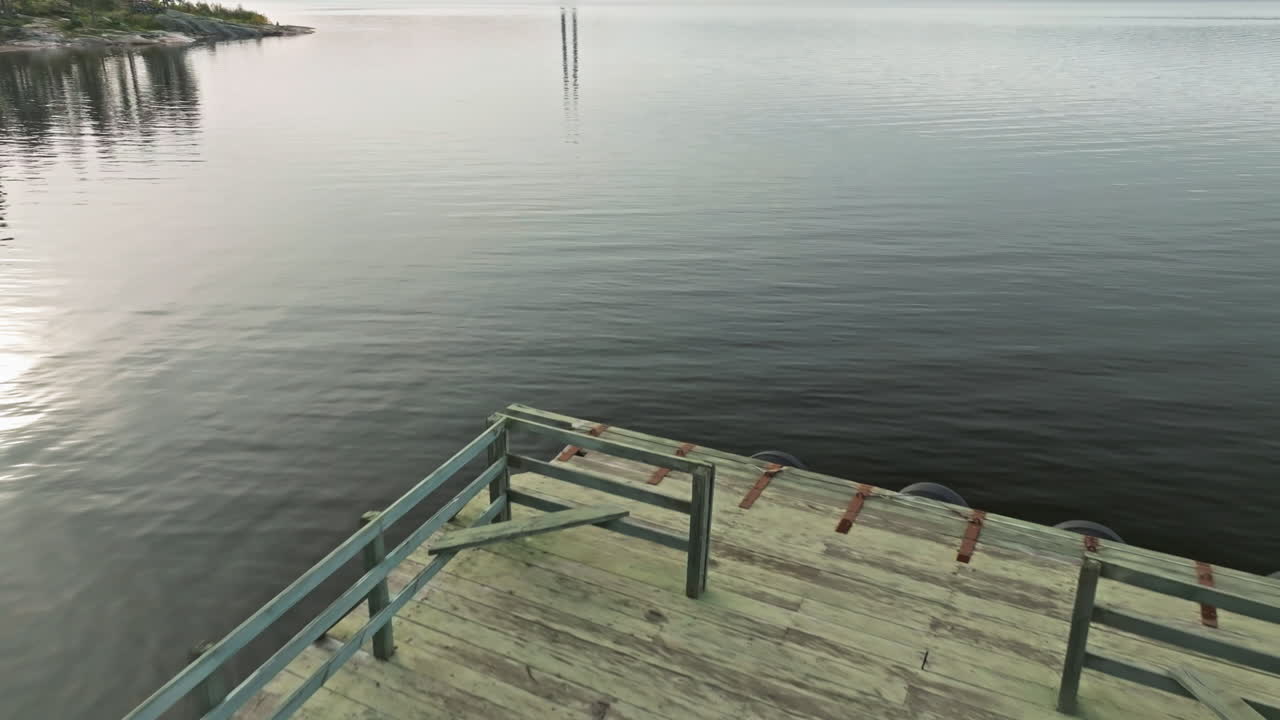 Fly Over Campervan Over Calm Lakeshore Near Wooden Jetty In Sweden