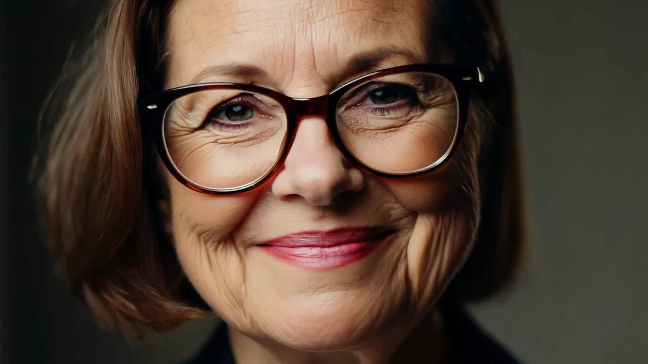 Collage showcasing a joyful mature businesswoman wearing glasses and smiling. The montage highlights her confidence and professionalism, reflecting a positive and successful demeanor