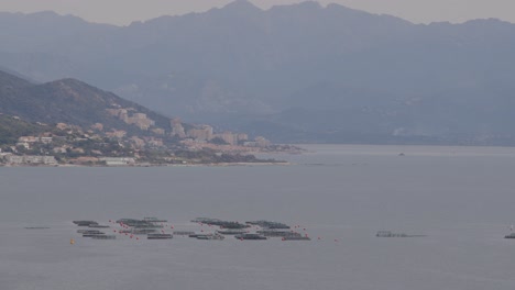coastal landscape with fish farm and city