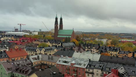 Högalid-church-aerial-cityscape-in-Stockholm-Sweden,-dolly-out-landscape-drone-view