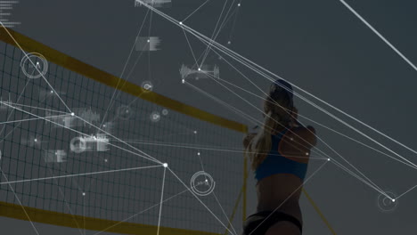 network connections and data points animation over beach volleyball player