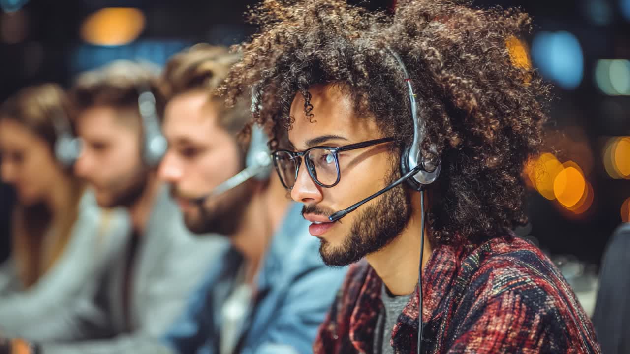 Agente de call center concentrado, envolvido no atendimento ao cliente com uma equipe diversificada de profissionais, demonstrando habilidades de comunicação eficazes e trabalho em equipe