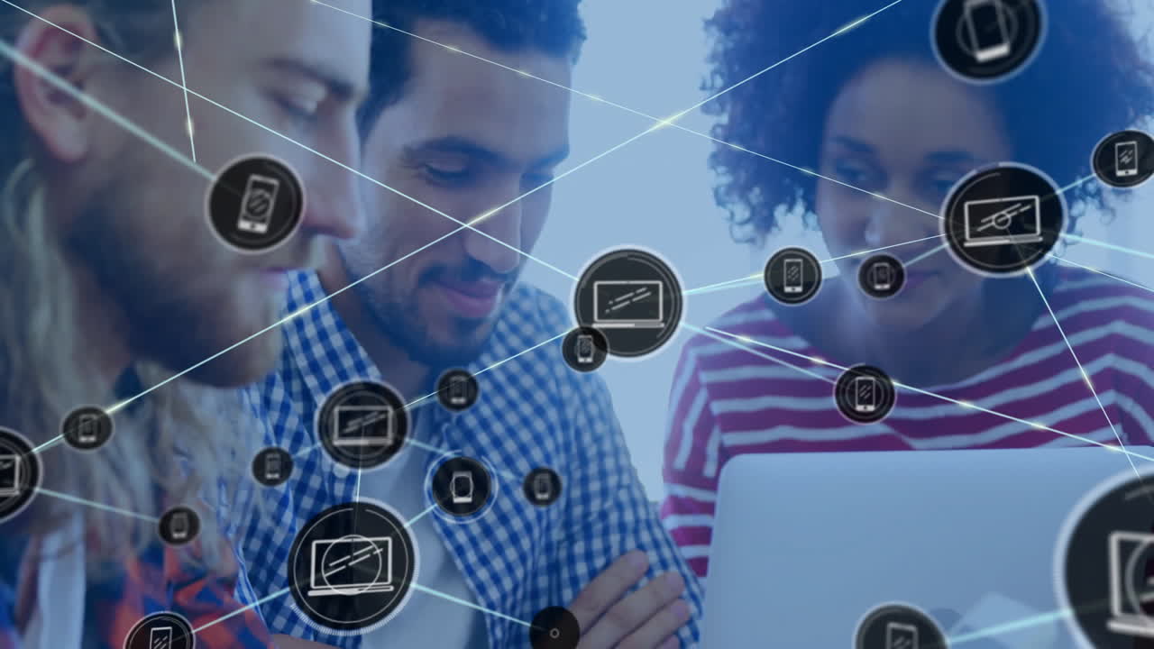 Animation of network of connections with icons over diverse business people using laptop