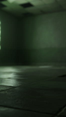 dark and empty room with green walls and tiled floor