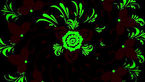 abstracto ornamental digital patrón floral verde que aparece sobre fondo negro. animación. elementos decorativos vintage con flores y pétalos verdes