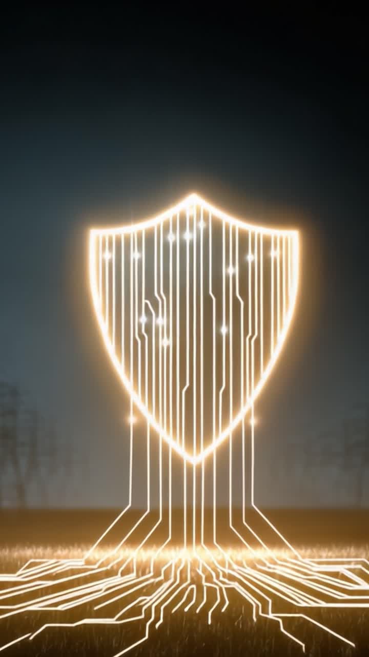 A Stunning Visualization of Digital Security: An Illuminated Shield Representing Protection and Advanced Technology in a Futuristic Landscape