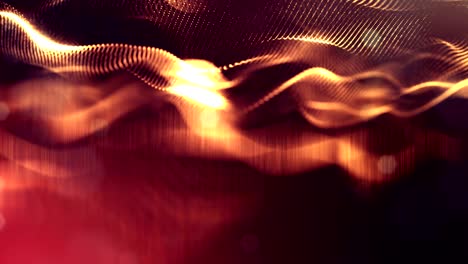 las partículas forman una línea, una cuadrícula de superficie o un misterioso espacio virtual. animación 3d sin costuras como fondo de ciencia ficción digital de partículas brillantes con profundidad de campo, bokeh. cuerdas de oro rojo 21