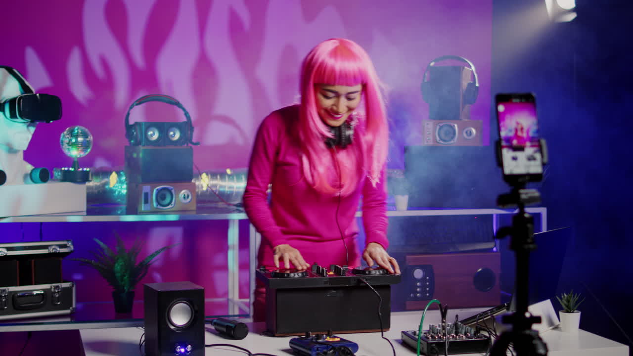 Woman DJ with Pink Hair Streaming Live
