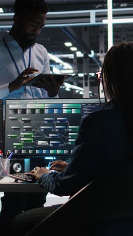 vertical video server hub manager talking with programmer using node tree software