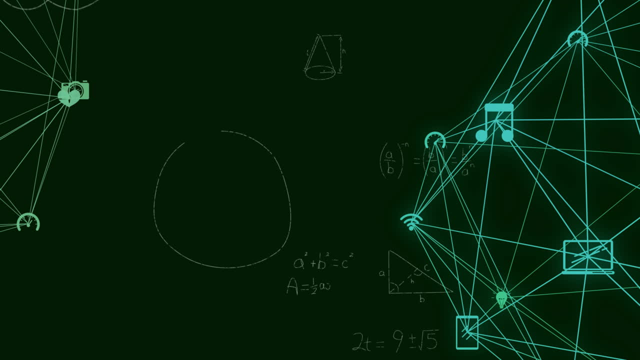 차크보드에 수학적 방정식 위에 미디어 아이콘 네트워크의 애니메이션