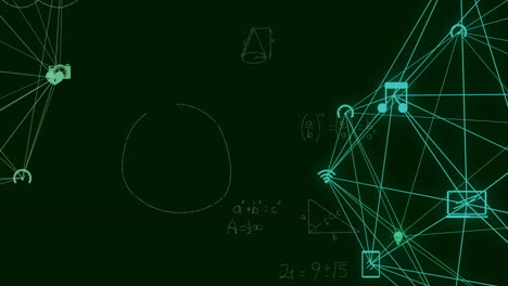 animación de una red de iconos de medios sobre ecuaciones matemáticas en la pizarra