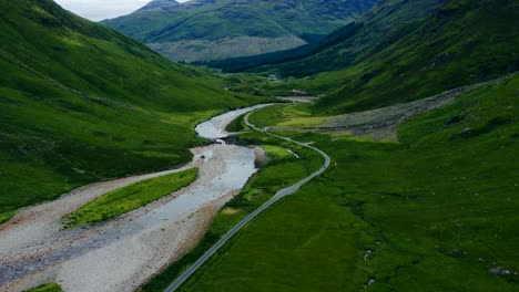 Aerial-Drone-Shot-of-Road-Through-Glen-Etive-Valley