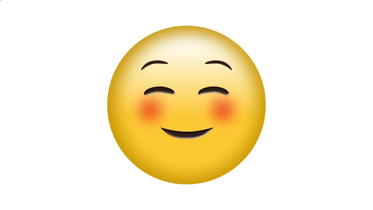 Digital animation of abstract red decorative designs over blushing face emoji on white background