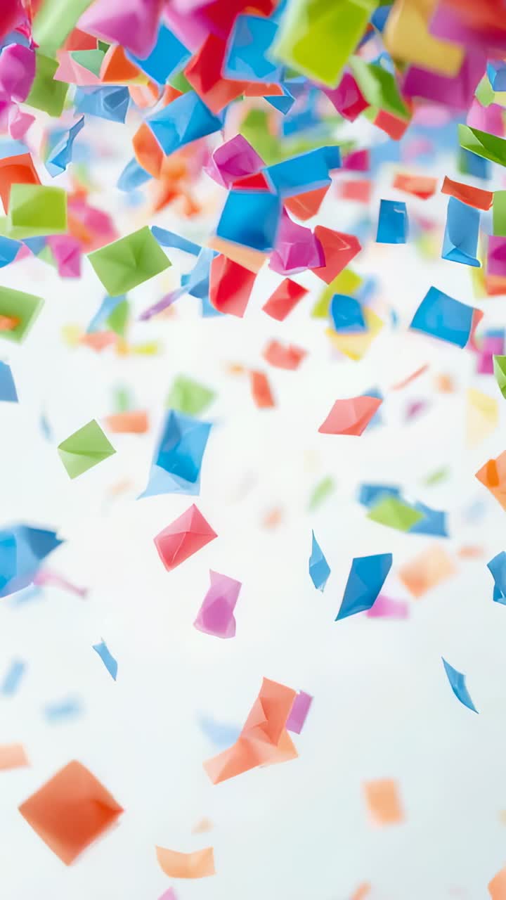 Vertical video: Falling colorful confetti drifting downward after release above on white backdrop
