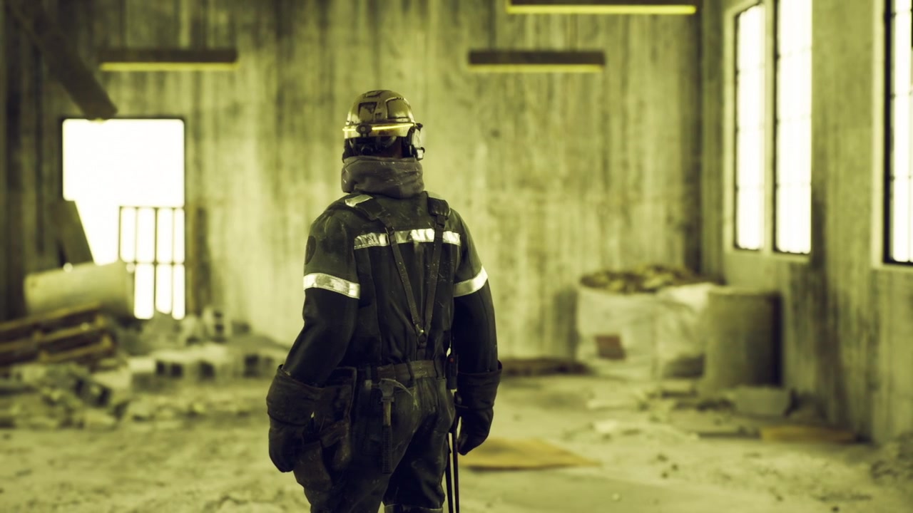 Heroic rescuer standing alert amid ruins with safety equipment visible