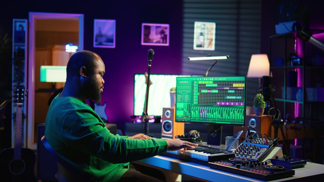 productor de música hábil creando nuevas canciones en el sintetizador del controlador midi