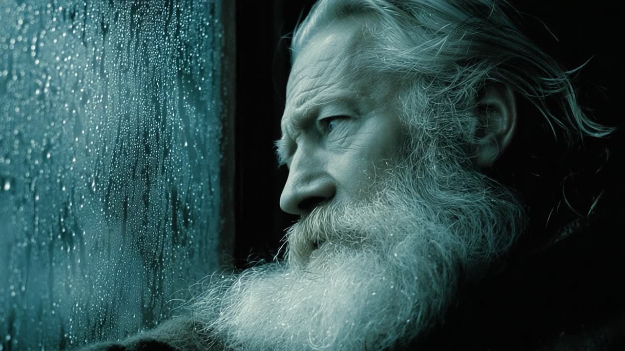 Captivating Portrait of a Reflective Older Man Gazing Through a Rain-Splattered Window, Evoking Emotions of Nostalgia and Serenity Amidst a Rainy Day