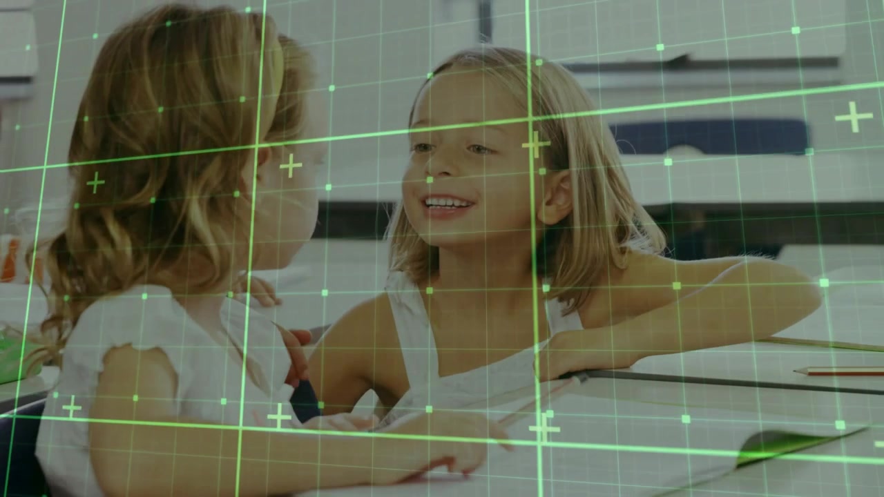 Right-hand girl tapping pencil to attract peer attention and whispering task tips for education