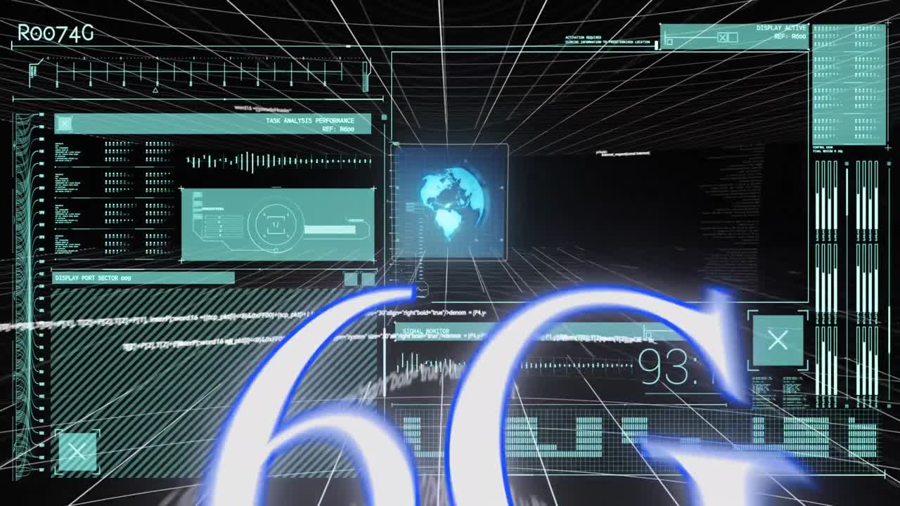 Animation of 6g text and globe over data processing on black background