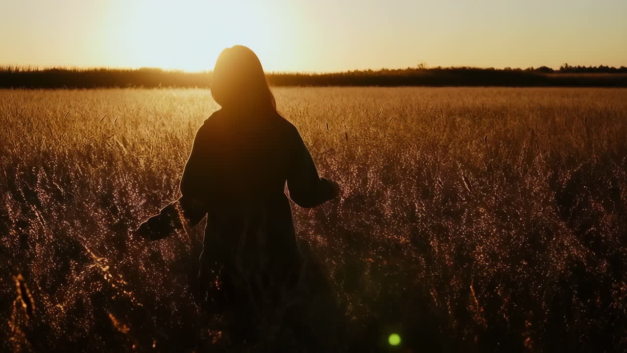 Silhouette of a person standing in a field at sunset