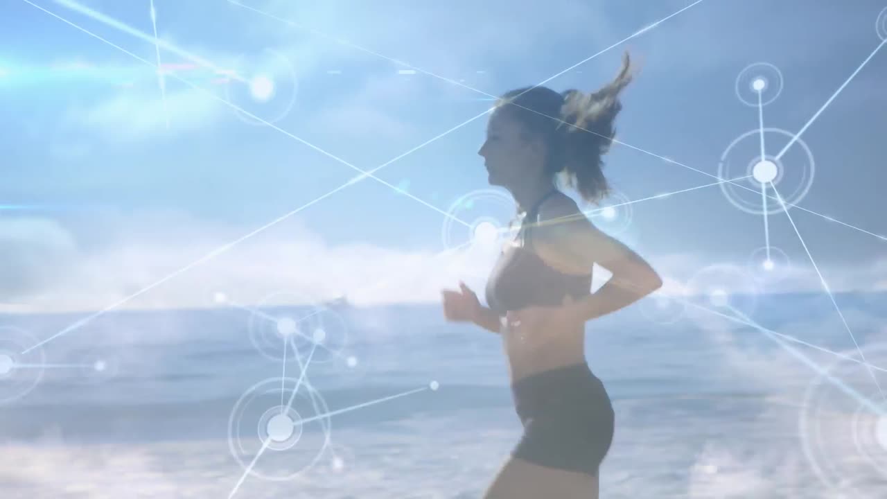 연결 네트워크의 애니메이션과 데이터 처리가 여성이 달리고 있습니다.