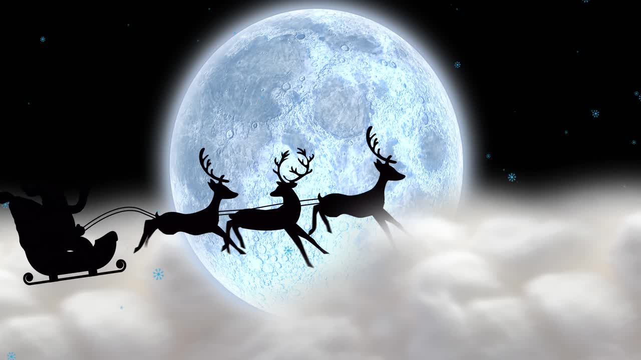 animación de santa claus en trineo con renos moviéndose sobre nubes y luna