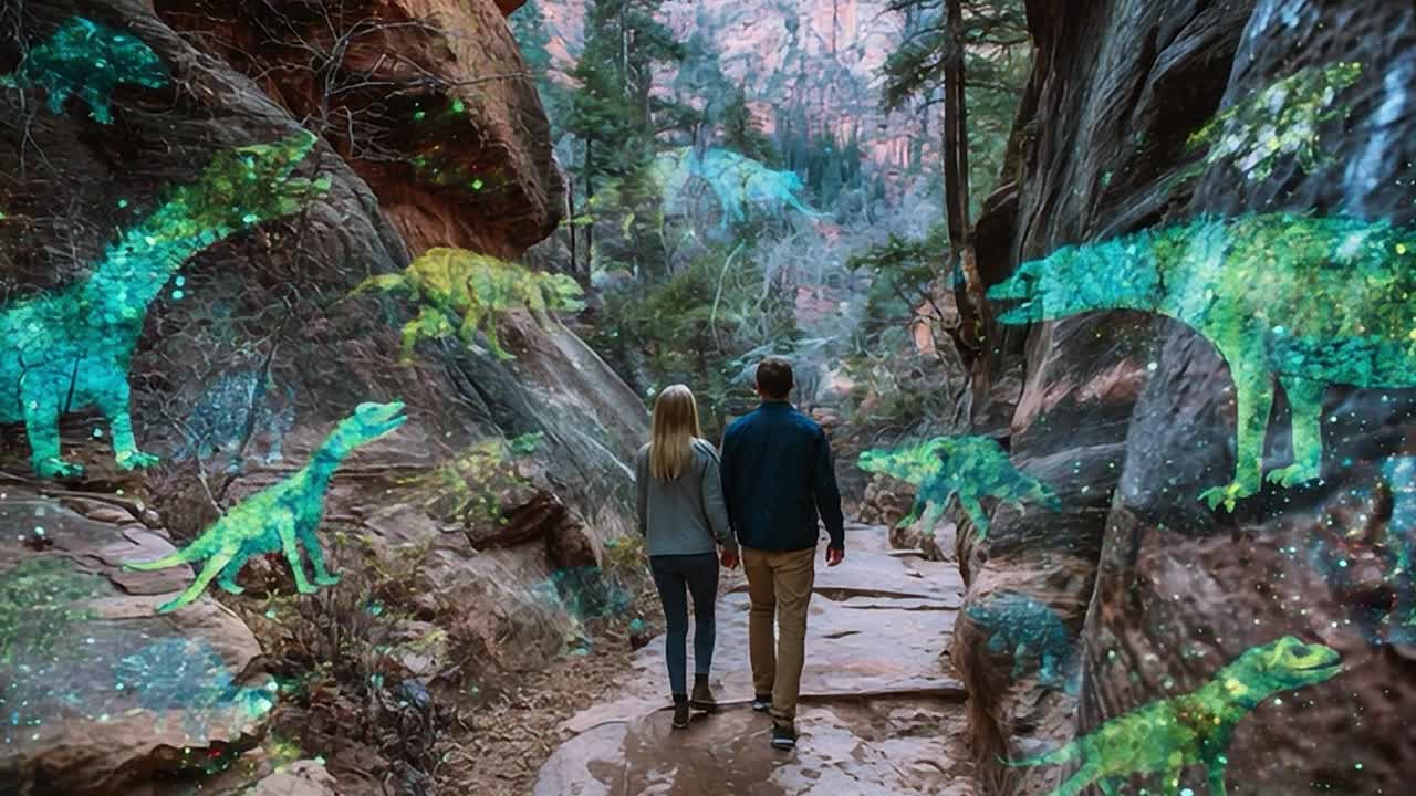 Coppia che esplora un colorato sentiero dei dinosauri in una foresta lussureggiante