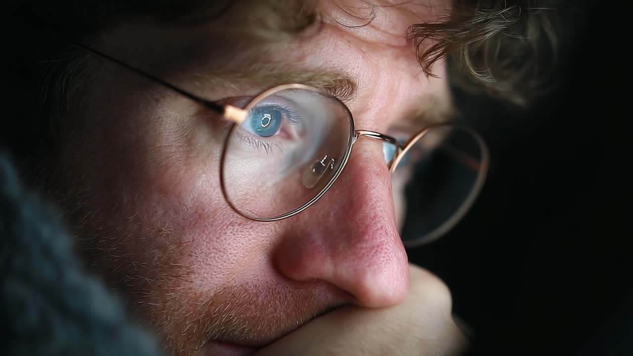 A Thoughtful Reflection: A Close-Up of a Pensive Individual with Glasses, Capturing Deep Emotion and Introspection in a Moment of Contemplation