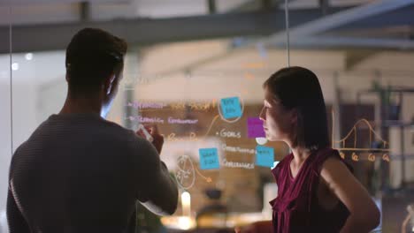 Diverse-male-and-female-colleague-brainstorming-and-making-notes-on-glass-wall-at-night-in-office