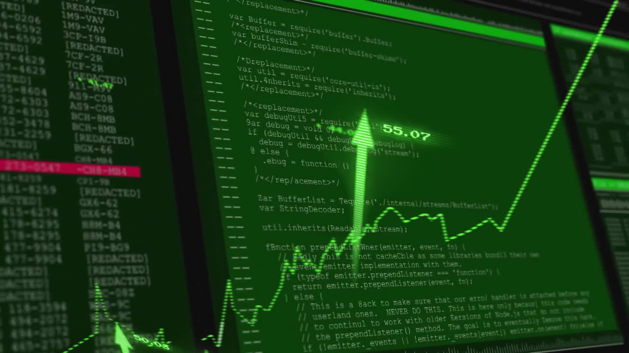 Animation of graph with arrows over data processing on black background