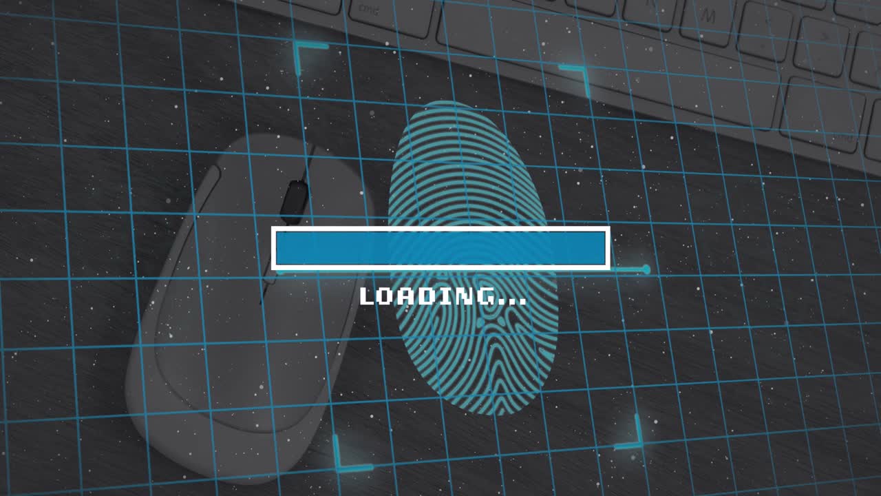 Animation of loading over fingerprint, mouse and keyboard on desk