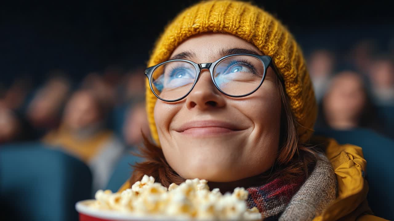 Enthusiastic Movie-Goer Enjoying Popcorn in a Cozy Theater Setting, Captivated by the Cinematic Experience, Wearing a Bright Yellow Beanie and Smiling in Anticipation
