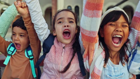 Education,-hands-up-and-excited-children-on-stairs