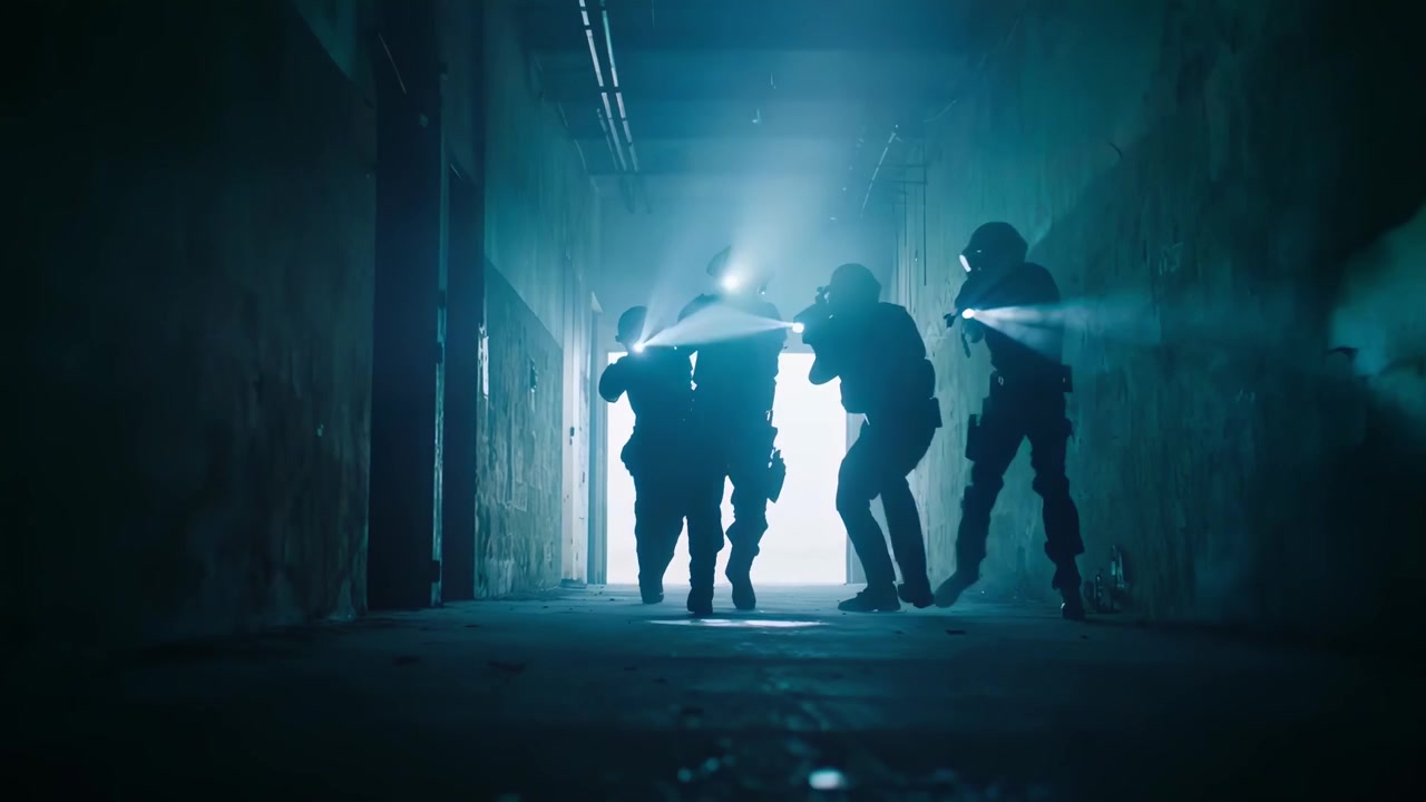 Special Forces Team Moving Through Dark Industrial Corridor