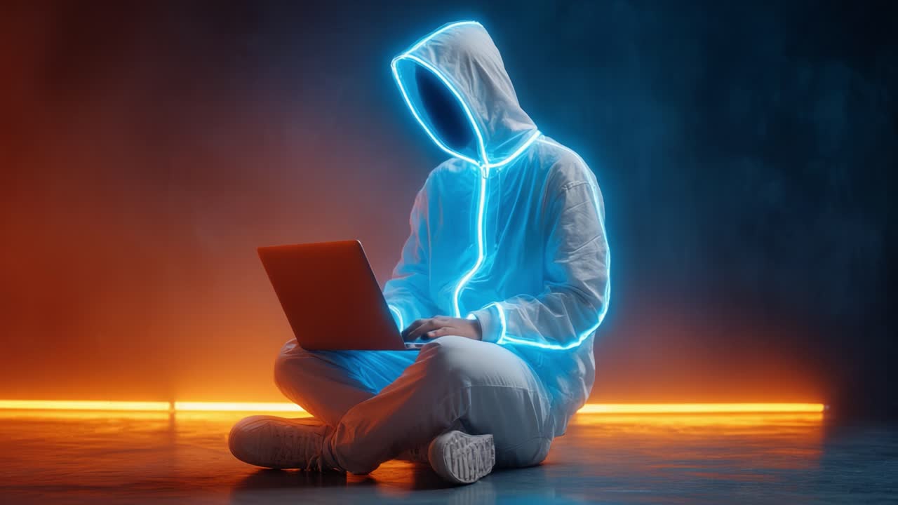 A mysterious figure adorned in a glowing white hoodie interacts with a laptop in a dimly illuminated space, embodying the essence of modern digital exploration and creativity