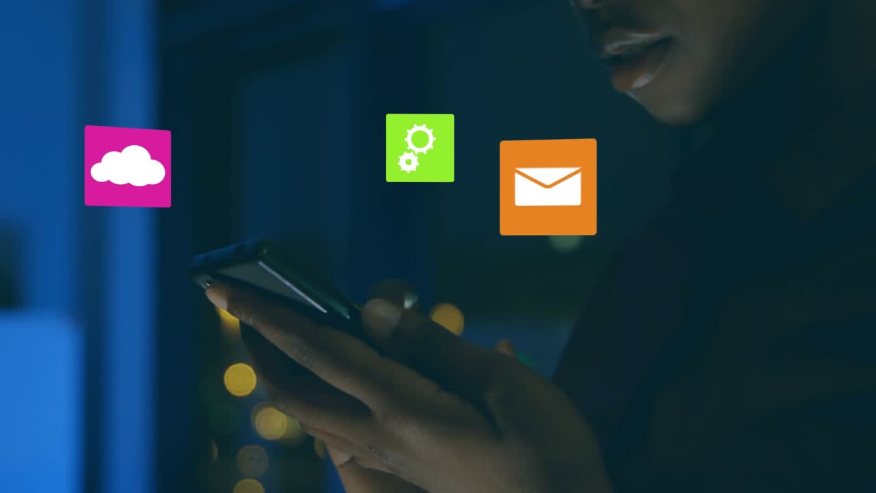 Animazione di icone che cadono su donne afroamericane che usano uno smartphone.