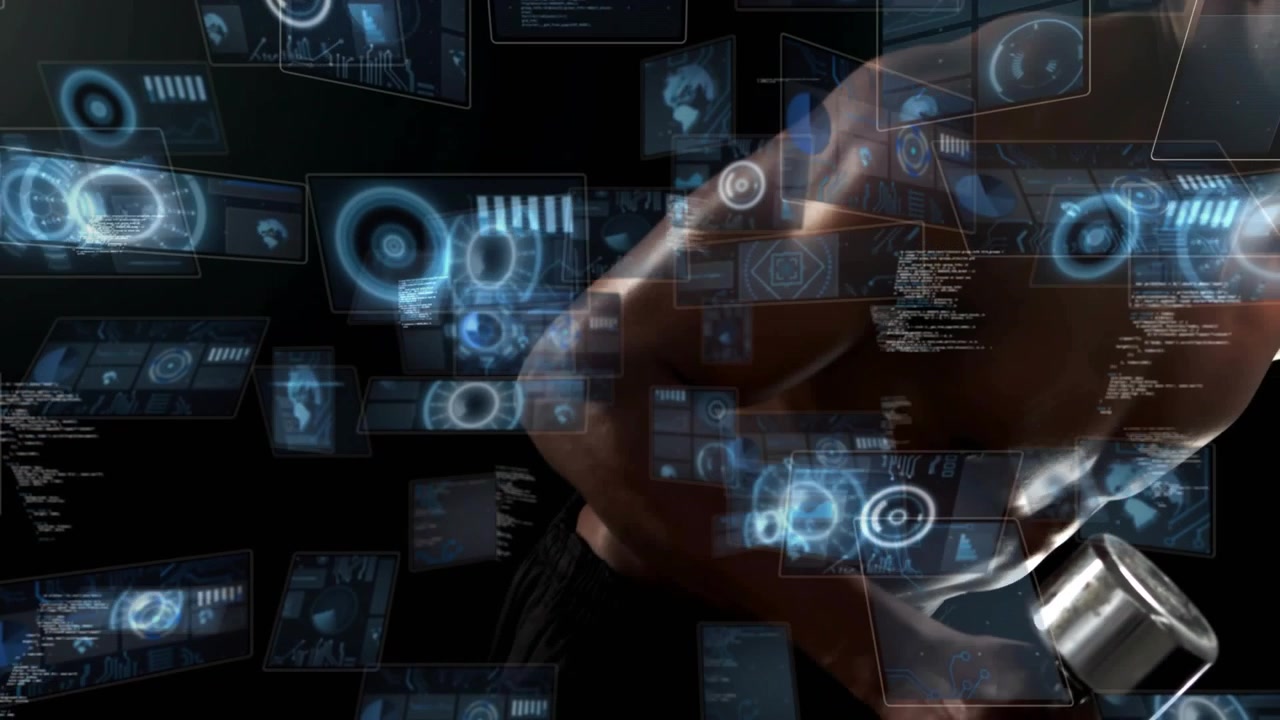 Male athlete lifting dumbbell from hip holographic UI drifting across torso showing fitness data