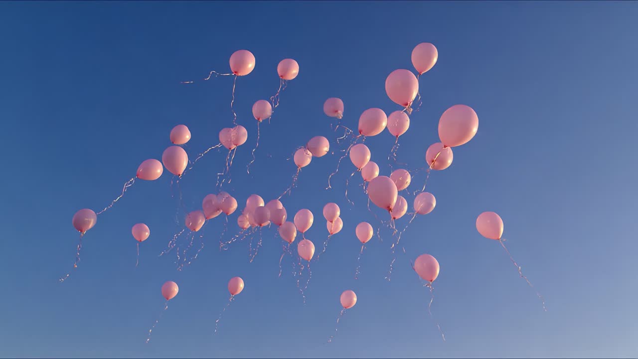 A Beautiful Display of Pink Balloons Ascending into the Clear Blue Sky, Capturing the Joy of Celebration and Freedom as They Float Gently Away