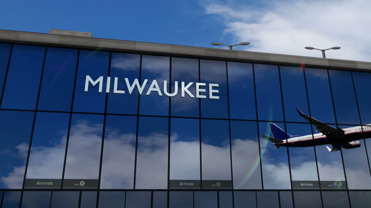 미국 위스콘신 주 밀워키 공항에 착륙하는 비행기가 터미널에 반사됩니다.