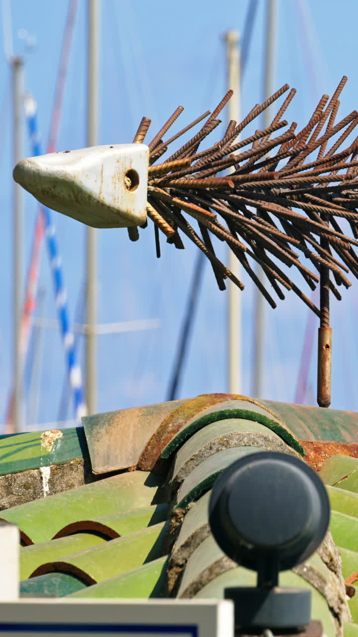 A fish skeleton sculpture on the roof of a fish store in Juan-les-Pins, France. Vertical