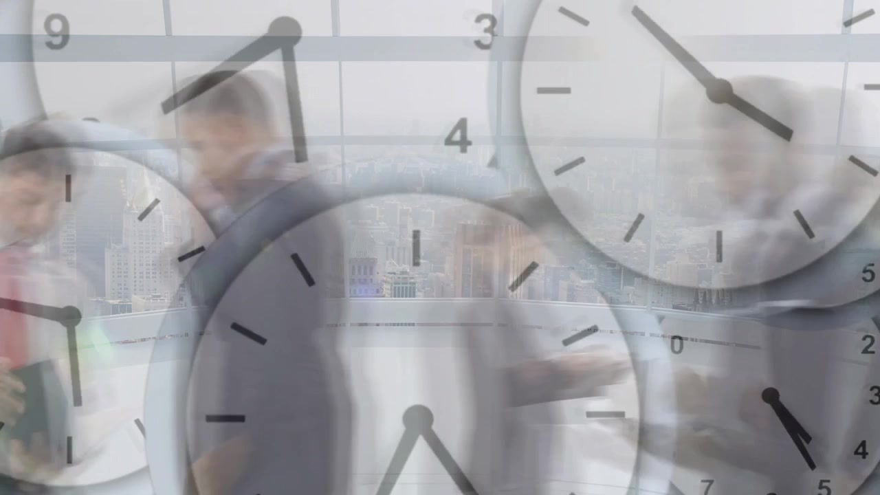 Central tall worker crossing window, side doors starting flow, overlaid clocks marking office time