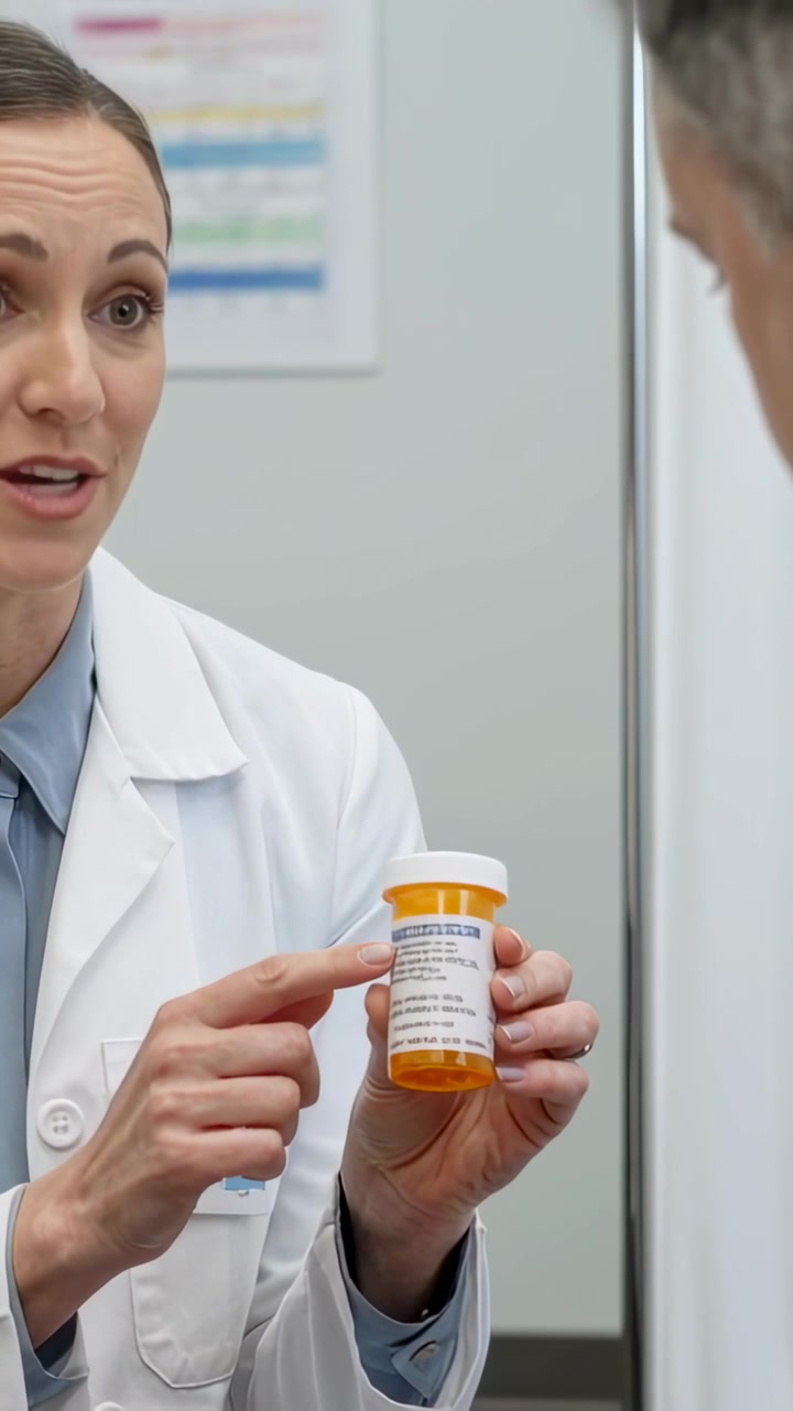 Vídeo vertical: Médico de jaleco segurando uma garrafa e apontando, explicando o rótulo na clínica, com espaço para texto